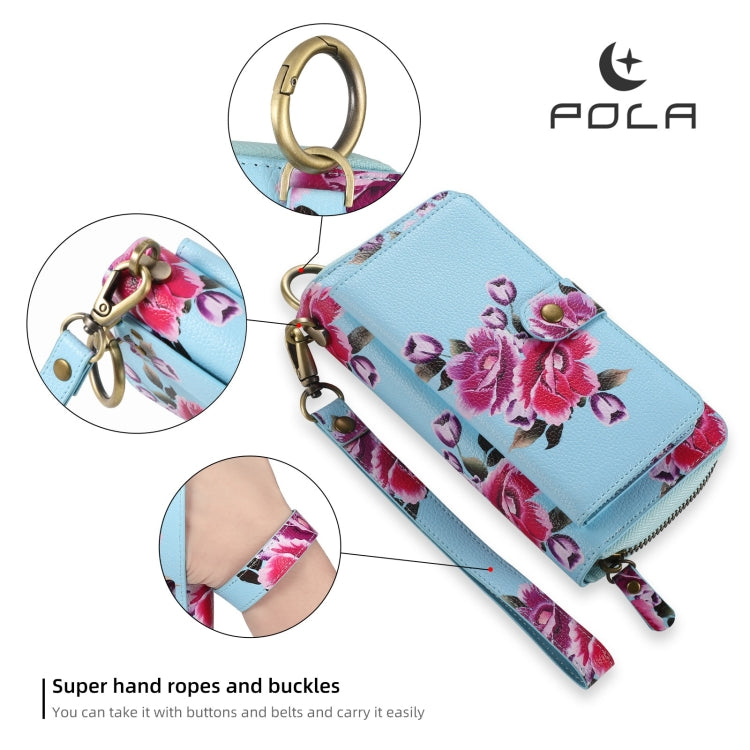 For iPhone 15 POLA MagSafe Flower Multi-functional Zipper Wallet Leather Phone Case(Sky Blue) - iPhone 15 Cases by buy2fix | Online Shopping UK | buy2fix