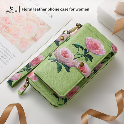 For iPhone 13 Pro POLA MagSafe Flower Multi-functional Zipper Wallet Leather Phone Case(Green) - iPhone 13 Pro Cases by buy2fix | Online Shopping UK | buy2fix