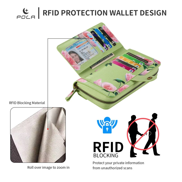 For iPhone 13 Pro POLA MagSafe Flower Multi-functional Zipper Wallet Leather Phone Case(Green) - iPhone 13 Pro Cases by buy2fix | Online Shopping UK | buy2fix