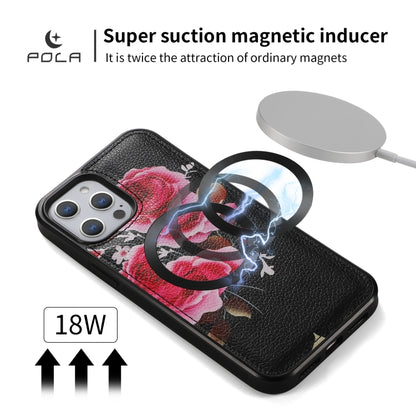 For iPhone 12 / 12 Pro POLA MagSafe Flower Multi-functional Zipper Wallet Leather Phone Case(Black) - iPhone 12 / 12 Pro Cases by buy2fix | Online Shopping UK | buy2fix