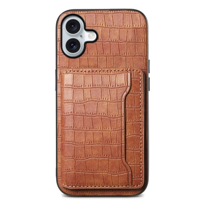 For iPhone 16 Crocodile Texture Card Bag Design Full Coverage Phone Case(Brown) - iPhone 16 Cases by buy2fix | Online Shopping UK | buy2fix