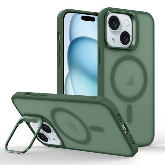 For iPhone 15 Plus Skin Feel Lens Holder Magsafe Phone Case(Deep Green) - iPhone 15 Plus Cases by buy2fix | Online Shopping UK | buy2fix