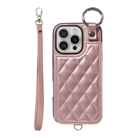 For iPhone 16 Pro Rhombic Texture Card Bag Phone Case with Short Lanyard(Rose Gold) - iPhone 16 Pro Cases by buy2fix | Online Shopping UK | buy2fix