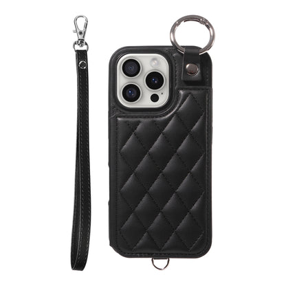 For iPhone 16 Pro Rhombic Texture Card Bag Phone Case with Short Lanyard(Black) - iPhone 16 Pro Cases by buy2fix | Online Shopping UK | buy2fix