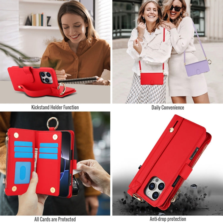 For iPhone 16 Pro Max Crossbody Ring Multifunctional Wallet Leather Phone Case(Red) - iPhone 16 Pro Max Cases by buy2fix | Online Shopping UK | buy2fix