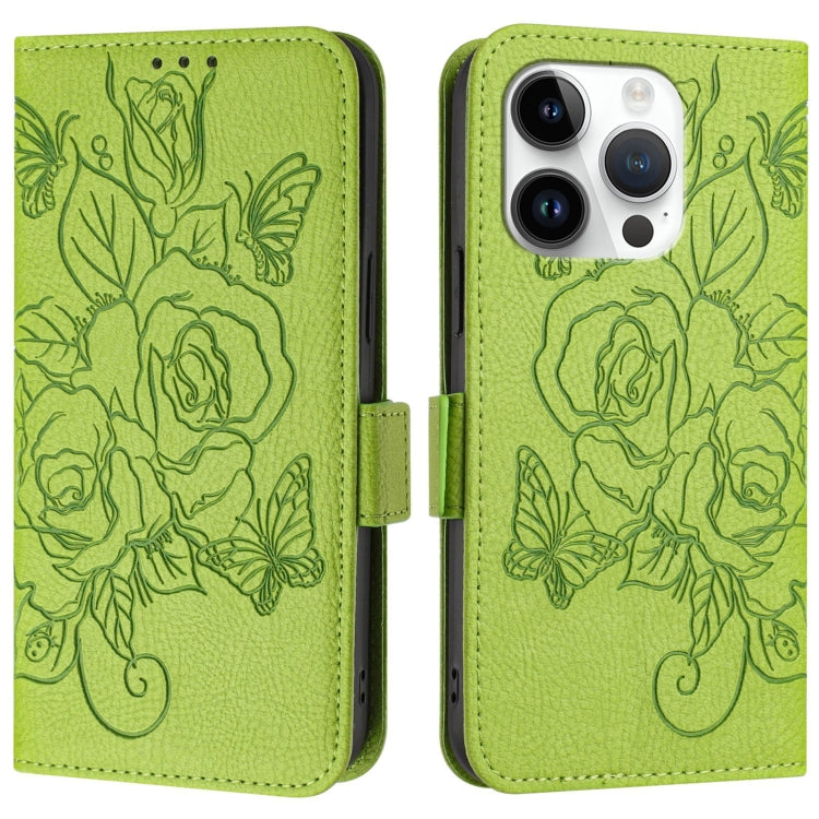 For iPhone 16 Pro Max Embossed Rose RFID Anti-theft Leather Phone Case(Green) - iPhone 16 Pro Max Cases by buy2fix | Online Shopping UK | buy2fix