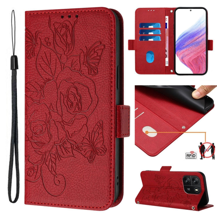 For Blackview WAVE 6C Embossed Rose RFID Anti-theft Leather Phone Case(Red) - More Brand by buy2fix | Online Shopping UK | buy2fix