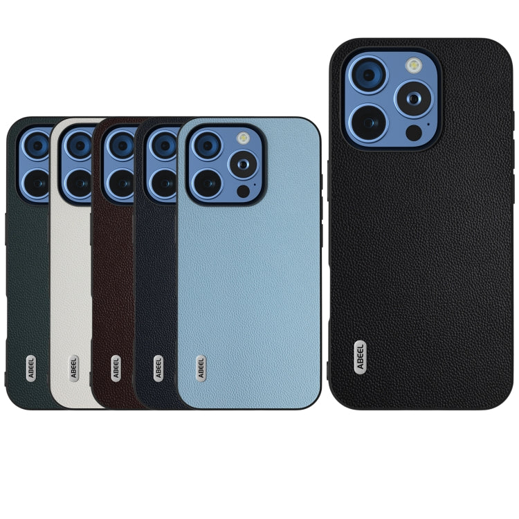 For iPhone 16 Pro ABEEL Black Frame Genuine Leather Elegant Phone Case(Blue) - iPhone 16 Pro Cases by buy2fix | Online Shopping UK | buy2fix