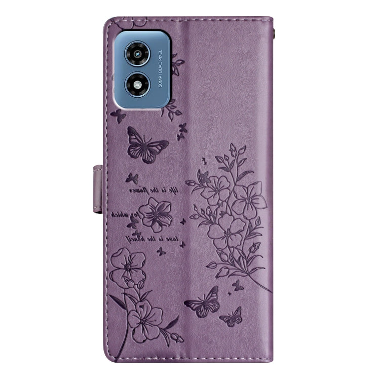 For Motorola Moto G Play 2024 Butterflies and Flowers Leather Phone Case(Purple) - Motorola Cases by buy2fix | Online Shopping UK | buy2fix