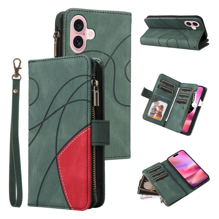 For iPhone 16 Dual-color 9 Card Slots Zipper Wallet Leather Phone Case(Green) - iPhone 16 Cases by buy2fix | Online Shopping UK | buy2fix