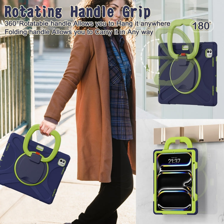 For iPad Pro 13 2024 Silicone Hybrid PC Tablet Case with Holder & Shoulder Strap(Navy Blue Lime) - iPad Pro 13 2024 Cases by buy2fix | Online Shopping UK | buy2fix