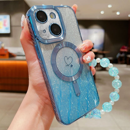 For iPhone 15 Plus Loves Leaves Gradient Glitter Bracelets Carbon Fiber Magsafe TPU Phone Case(Blue) - iPhone 15 Plus Cases by buy2fix | Online Shopping UK | buy2fix