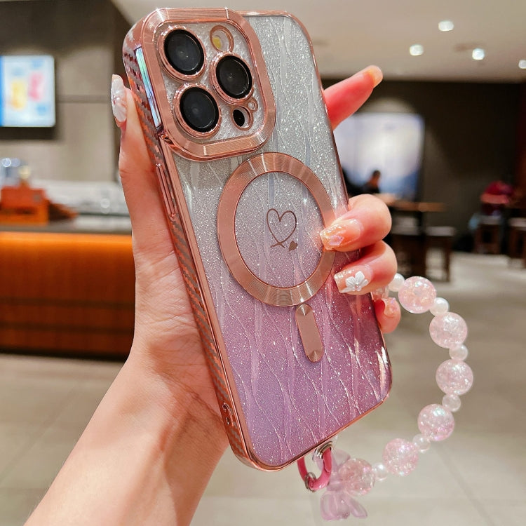 For iPhone 11 Pro Loves Leaves Gradient Glitter Bracelets Carbon Fiber Magsafe TPU Phone Case(Pink) - iPhone 11 Pro Cases by buy2fix | Online Shopping UK | buy2fix