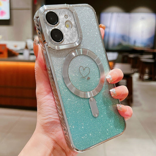 For iPhone 11 Loves Gradient Glitter Carbon Fiber Magsafe TPU Phone Case(Green Silver) - iPhone 11 Cases by buy2fix | Online Shopping UK | buy2fix