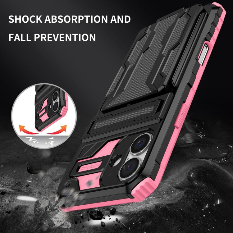 For iPhone 16 Kickstand Armor Card Wallet Phone Case(Pink) - iPhone 16 Cases by buy2fix | Online Shopping UK | buy2fix