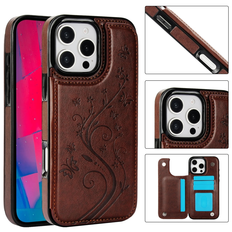 For iPhone 16 Pro Max Double Buckle Butterfly Embossing PU Phone Case(Brown) - iPhone 16 Pro Max Cases by buy2fix | Online Shopping UK | buy2fix