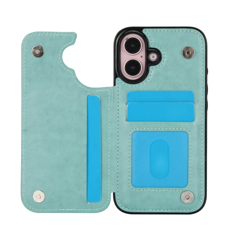 For iPhone 16 Plus Double Buckle Butterfly Embossing PU Phone Case(Green) - iPhone 16 Plus Cases by buy2fix | Online Shopping UK | buy2fix