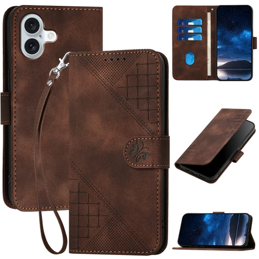 For iPhone 16 Plus YX0080 Grid Butterfly Embossed Pattern Flip Leather Phone Case with Lanyard(Coffee) - iPhone 16 Plus Cases by buy2fix | Online Shopping UK | buy2fix