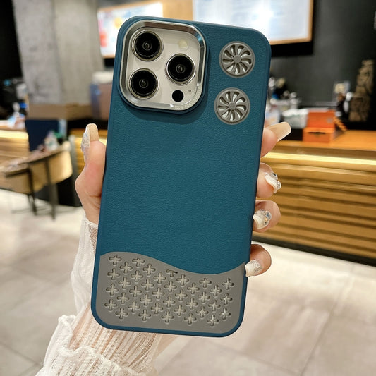 For iPhone 16 Pro Leather Textured Fan Hollow Cooling MagSafe Magnetic Phone Case(Blue) - iPhone 16 Pro Cases by buy2fix | Online Shopping UK | buy2fix