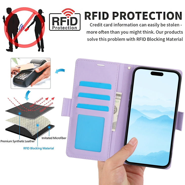 For iPhone 16 Plus Side Buckle RFID Anti-theft Leather Phone Case(Light Purple) - iPhone 16 Plus Cases by buy2fix | Online Shopping UK | buy2fix