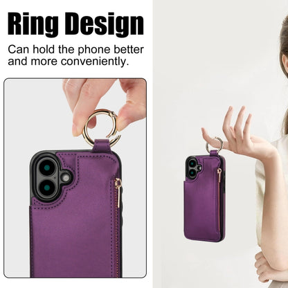 For iPhone 16 Plus RFlD Anti-theft Double Buckle Ring Zipper Card Phone Case(Dark Purple) - iPhone 16 Plus Cases by buy2fix | Online Shopping UK | buy2fix