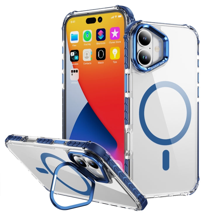 For iPhone 16 Rainbow Series Transparent MagSafe Lens Holder Phone Case(Blue) - iPhone 16 Cases by buy2fix | Online Shopping UK | buy2fix