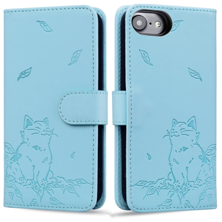 For iPhone SE 2024 Cute Cat Embossed Leather Phone Case(Sky Blue) - More iPhone Cases by buy2fix | Online Shopping UK | buy2fix