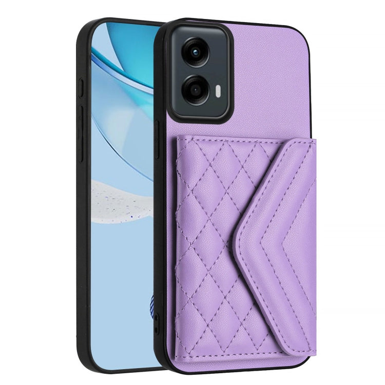 For Motorola Moto G 5G 2024 Rhombic Texture Card Bag RFID Phone Case with Long Lanyard(Light Purple) - Motorola Cases by buy2fix | Online Shopping UK | buy2fix