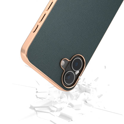 For iPhone 16 Plus ABEEL Electroplated Frame Genuine Leather Elegant Phone Case(Green) - iPhone 16 Plus Cases by buy2fix | Online Shopping UK | buy2fix