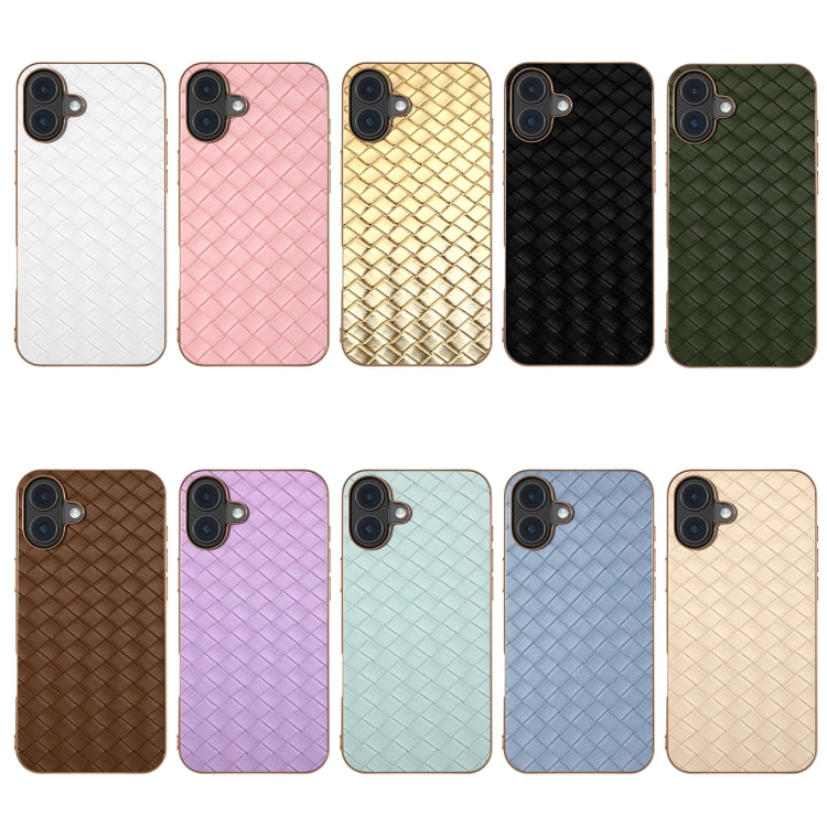 For iPhone 16 Electroplated Frame Woven Texture PU Phone Case(Gold) - iPhone 16 Cases by buy2fix | Online Shopping UK | buy2fix