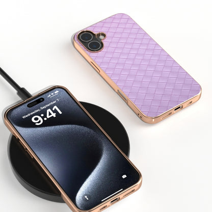 For iPhone 16 Electroplated Frame Woven Texture PU Phone Case(Purple) - iPhone 16 Cases by buy2fix | Online Shopping UK | buy2fix