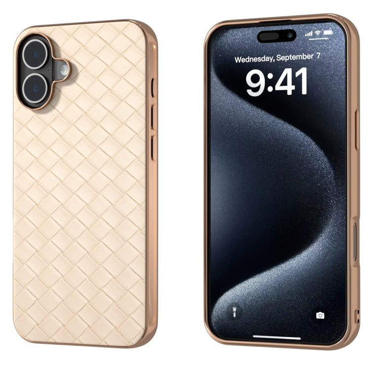 For iPhone 16 Electroplated Frame Woven Texture PU Phone Case(Beige) - iPhone 16 Cases by buy2fix | Online Shopping UK | buy2fix