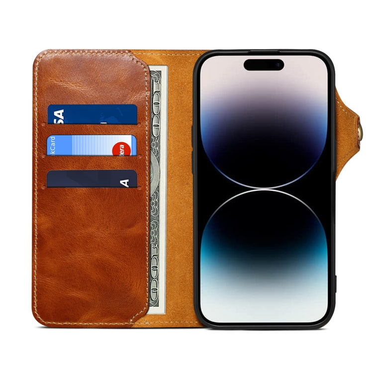 For iPhone 16 Pro Denior B01 Oil Wax Cowhide Magnetic Button Genuine Leather Case(Brown) - iPhone 16 Pro Cases by Denior | Online Shopping UK | buy2fix