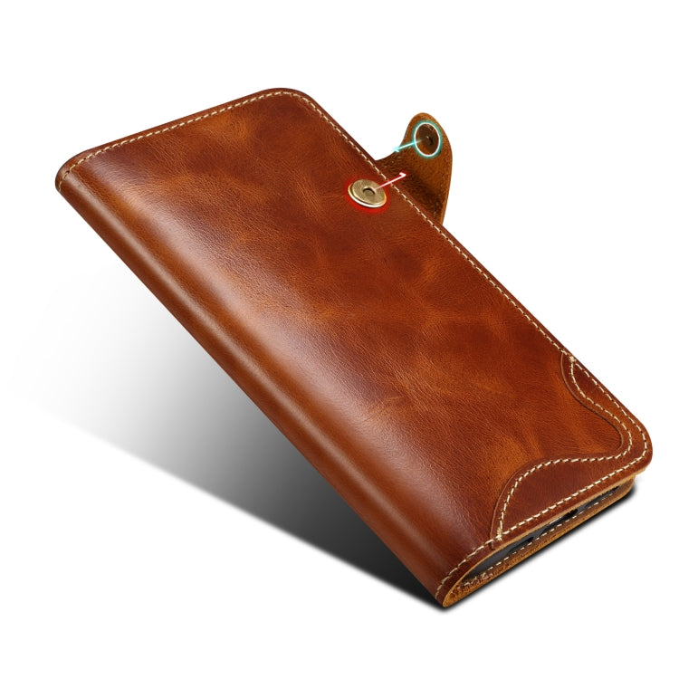 For iPhone 16 Pro Denior B01 Oil Wax Cowhide Magnetic Button Genuine Leather Case(Brown) - iPhone 16 Pro Cases by Denior | Online Shopping UK | buy2fix