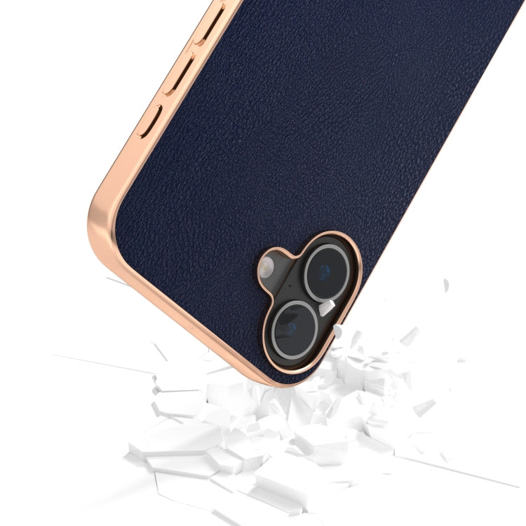 For iPhone 16 PU Leather Electroplating Frame Full Coverage Phone Case(Dark Blue) - iPhone 16 Cases by buy2fix | Online Shopping UK | buy2fix