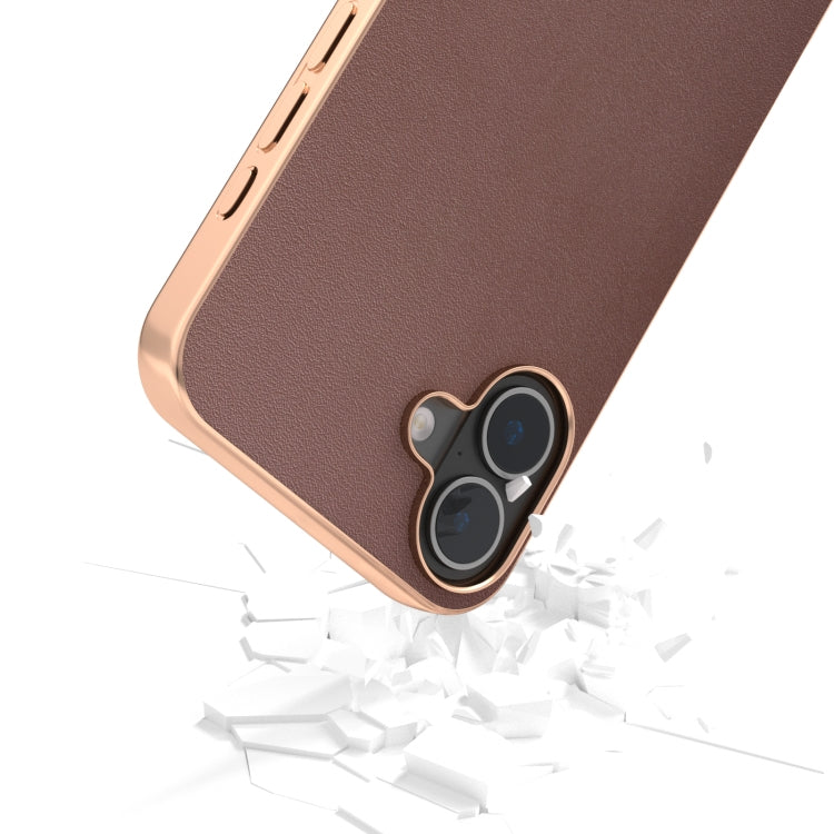 For iPhone 16 ABEEL Electroplating Frame Genuine Leather Xiaoya Series Phone Case(Coffee) - iPhone 16 Cases by buy2fix | Online Shopping UK | buy2fix