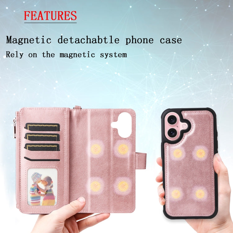 For iPhone 16 Solid Color 2 in 1 Zipper Shockproof Phone Case(Rose Gold) - iPhone 16 Cases by buy2fix | Online Shopping UK | buy2fix