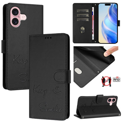 For iPhone 16 Smile Embossing RFID Leather Phone Case(Black) - iPhone 16 Cases by buy2fix | Online Shopping UK | buy2fix