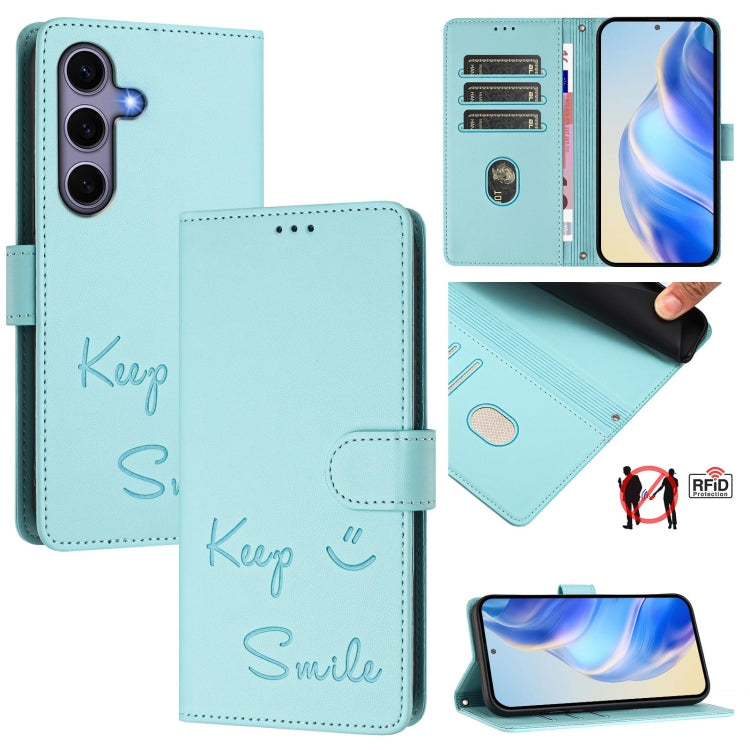 For Samsung Galaxy S25 5G Smile Embossing RFID Leather Phone Case(Mint Green) - Galaxy S25 5G Cases by buy2fix | Online Shopping UK | buy2fix