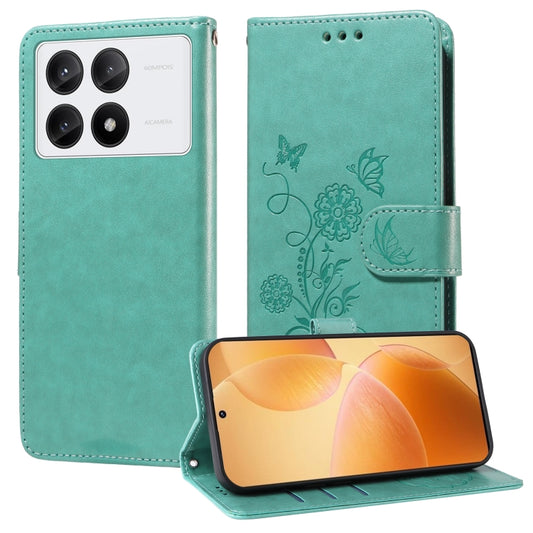 For Redmi K70 / K70 Pro Embossed Butterfly Flowers Leather Phone Case(Green) - K70 Cases by buy2fix | Online Shopping UK | buy2fix