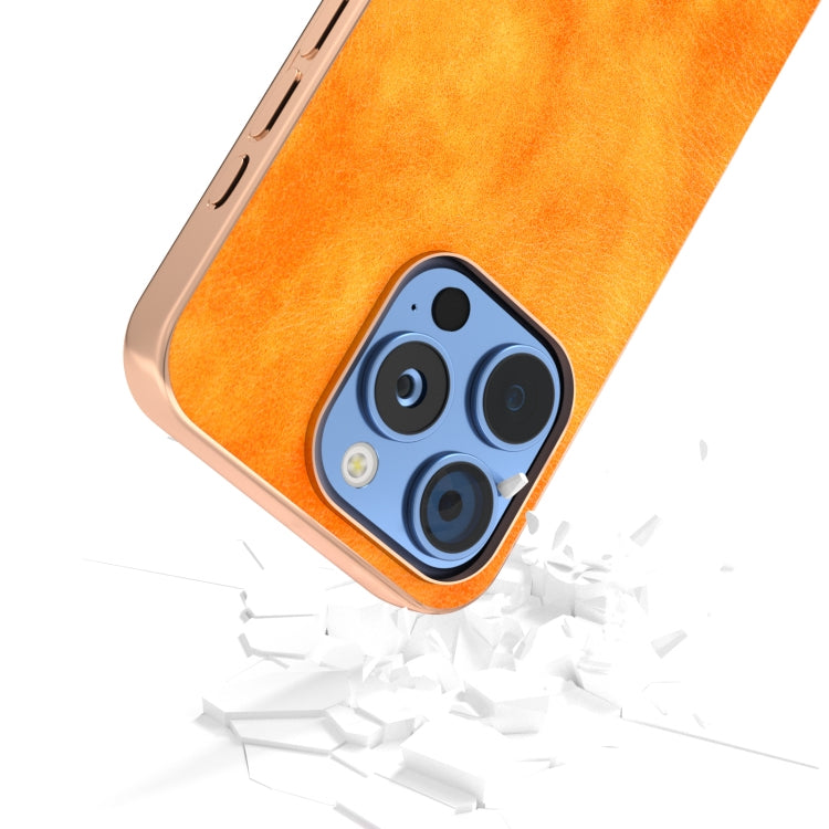 For iPhone 16 Pro Nano Electroplating Dual Color Lichi Texture PU Phone Case(Orange) - iPhone 16 Pro Cases by buy2fix | Online Shopping UK | buy2fix