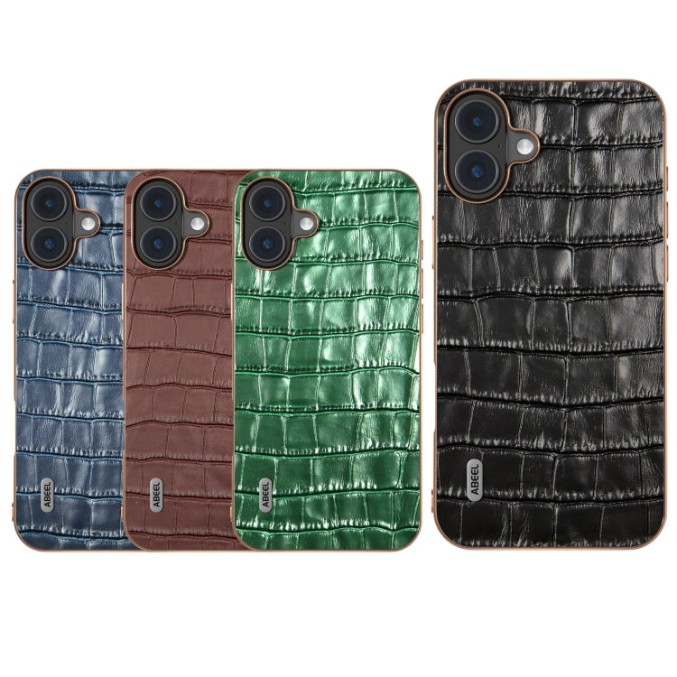 For iPhone 16 ABEEL Electroplating Frame Crocodile Texture Genuine Leather Phone Case(Black) - iPhone 16 Cases by buy2fix | Online Shopping UK | buy2fix