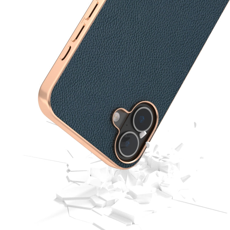 For iPhone 16 ABEEL Electroplating Frame Genuine Leather + PC Litchi Texture Phone Case(Green) - iPhone 16 Cases by buy2fix | Online Shopping UK | buy2fix