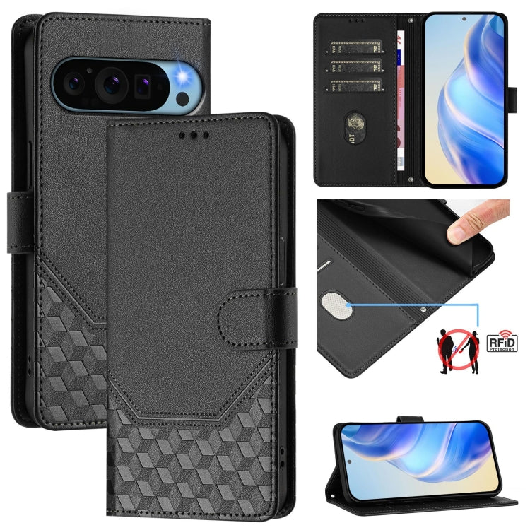 For Google Pixel 9 Pro XL Honeycomb Embossing RFID Leather Phone Case(Black) - Google Cases by buy2fix | Online Shopping UK | buy2fix