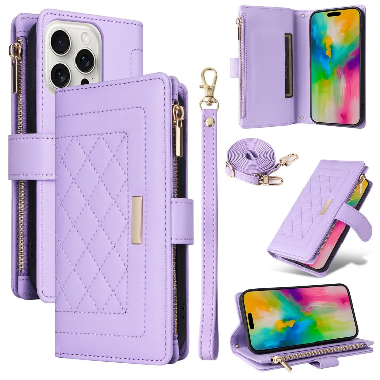 For iPhone 16 Pro Crossbody Zipper Wallet Rhombus Leather Phone Case(Purple) - iPhone 16 Pro Cases by buy2fix | Online Shopping UK | buy2fix