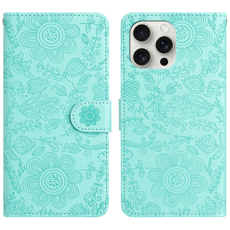 For iPhone 16 Pro Floral Embossed Pattern Leather Phone Case(Light Green) - iPhone 16 Pro Cases by buy2fix | Online Shopping UK | buy2fix