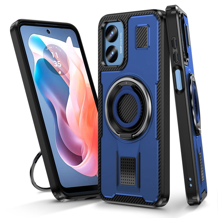 For Motorola Moto G Play 4G 2024 Ring Holder Carbon Fiber PC Hybrid TPU Phone Case(Blue) - Motorola Cases by buy2fix | Online Shopping UK | buy2fix