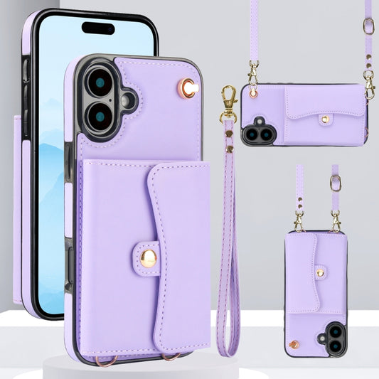 For iPhone 16 Plus RFID Card Slot Phone Case with Long Lanyard(Purple) - iPhone 16 Plus Cases by buy2fix | Online Shopping UK | buy2fix