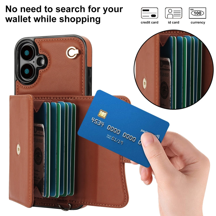 For iPhone 16 Plus RFID Card Slot Phone Case with Long Lanyard(Brown) - iPhone 16 Plus Cases by buy2fix | Online Shopping UK | buy2fix