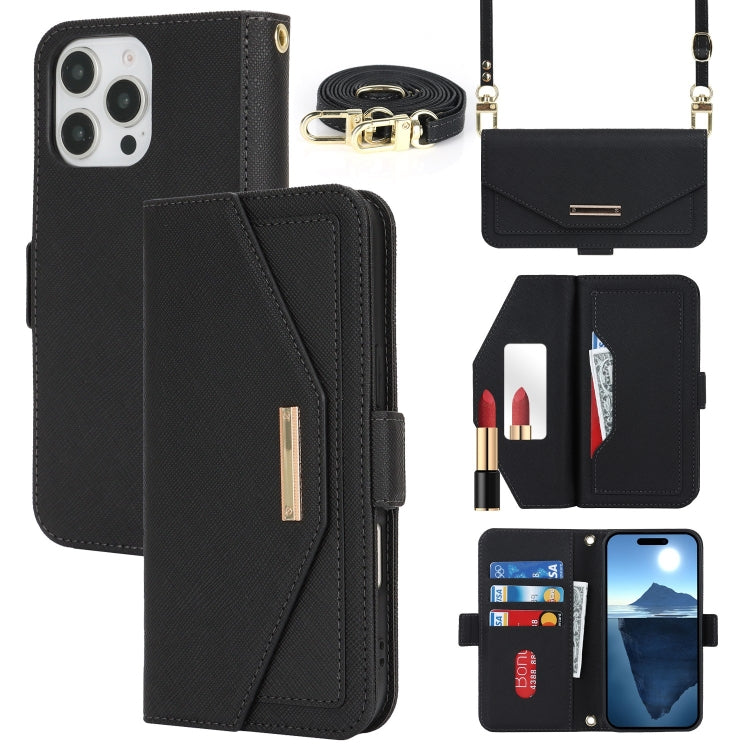 For iPhone 16 Pro Max Cross Texture Crossbody Lanyard Leather Phone Case(Black) - iPhone 16 Pro Max Cases by buy2fix | Online Shopping UK | buy2fix